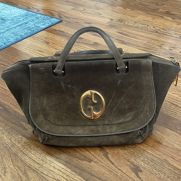 GUCCI Suede Medium 1973 Top Handle Satchel in Olive Brown - Picture 2 of 16